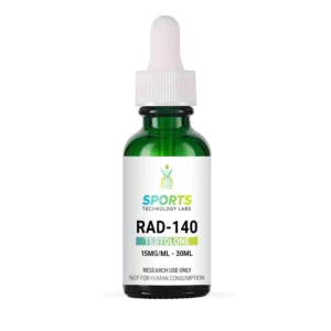 RAD-140 Testolone research chemical in green glass bottle with dropper, 15mg/mL concentration, 30mL volume, for laboratory us