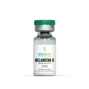 Glass research vial containing Melanotan II 10mg peptide with green cap and Sports Technology Labs label for laboratory use