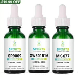 Three 30mL green glass bottles of research-grade compounds: SR9009 (20mg/mL), GW501516 (20mg/mL), and MK-677 (25mg/mL) for la
