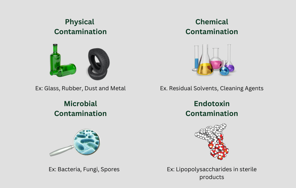 Scientific diagram showing 4 types of laboratory contamination: physical, chemical, microbial and endotoxin with relevant exa