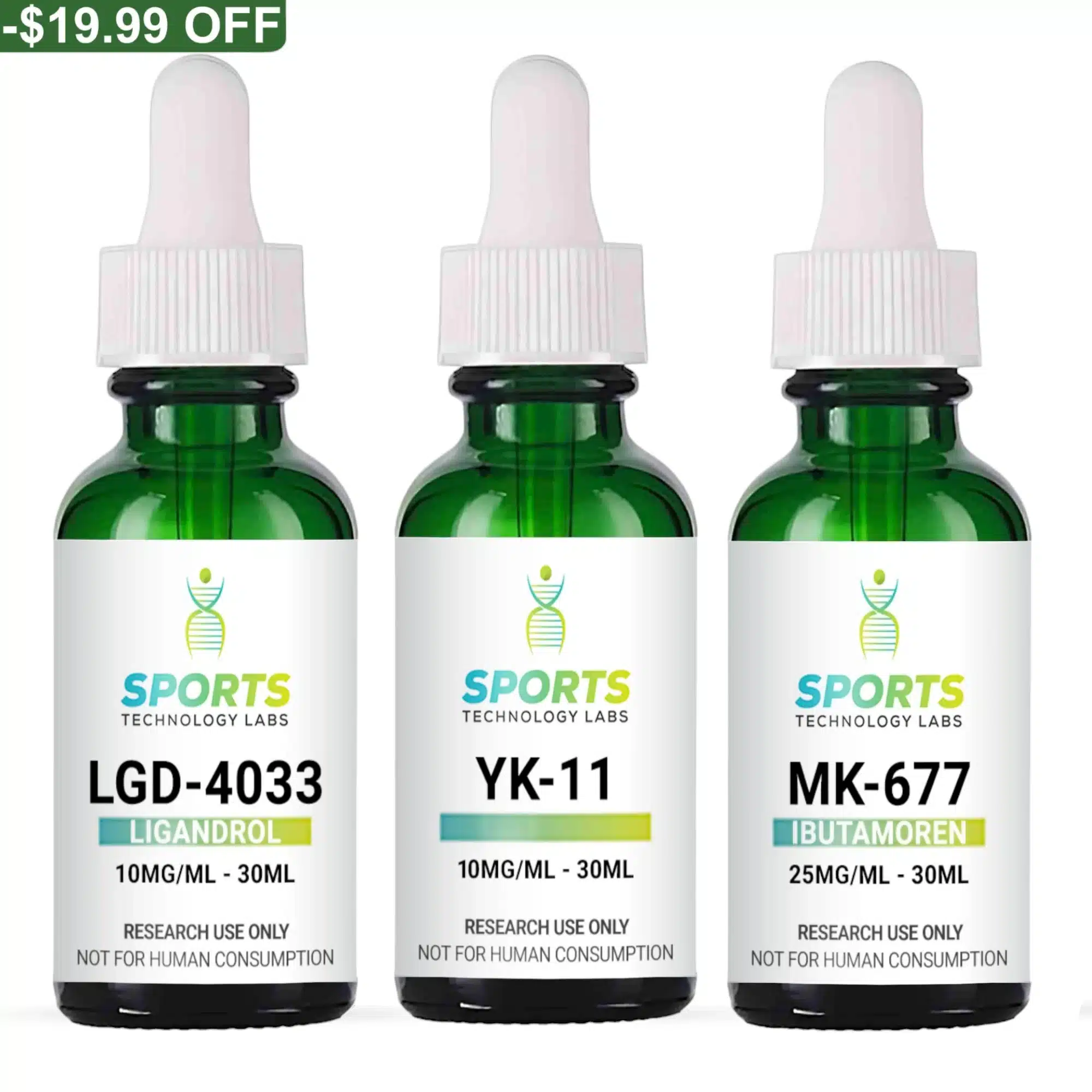 Three 30mL green glass research compound bottles containing LGD-4033, YK-11, and MK-677 with dropper caps for laboratory use