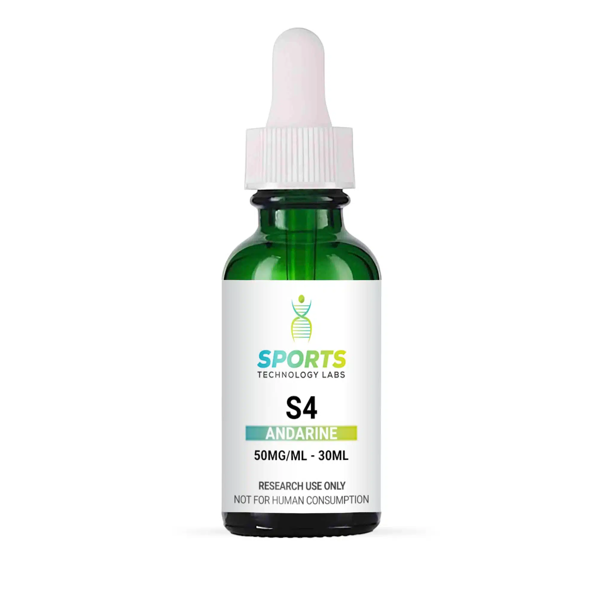 Andarine S4 research-grade liquid compound in 30mL green glass bottle with dropper, 50mg/mL concentration for laboratory use