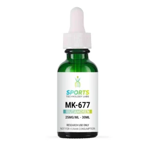Green glass bottle of research-grade Ibutamoren MK-677 liquid solution at 25mg/mL concentration for laboratory studies