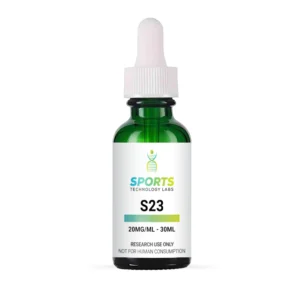 Green glass bottle of S23 research chemical at 20mg/mL concentration, 30mL volume, with white dropper cap and laboratory labe