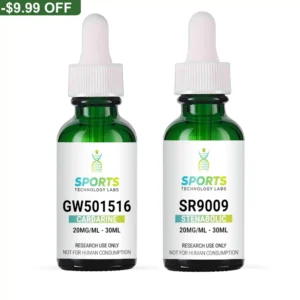 Two 30mL green glass bottles containing research compounds GW-501516 (Cardarine) and SR-9009 (Stenabolic) at 20mg/mL concentr
