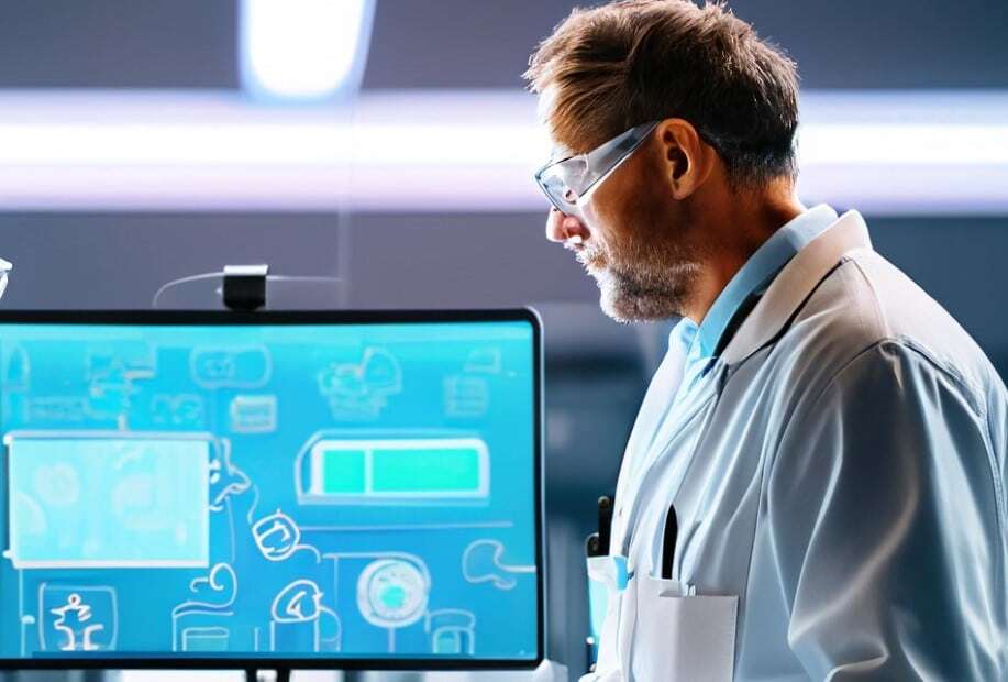 Research scientist in laboratory coat analyzing scientific data on blue digital display for chemical compound studies