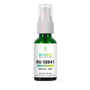 RU-58841 research chemical in 30mL green glass bottle with spray applicator, 50mg/mL concentration for laboratory use