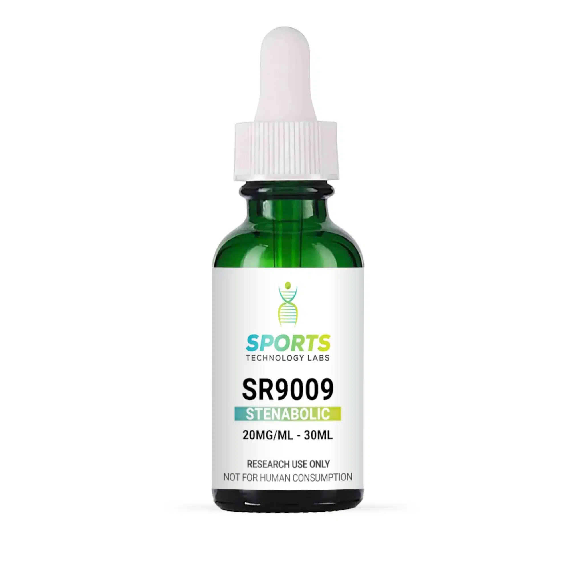 SR9009 Stenabolic research chemical in 30mL green glass bottle with dropper, 20mg/mL concentration, for laboratory use only