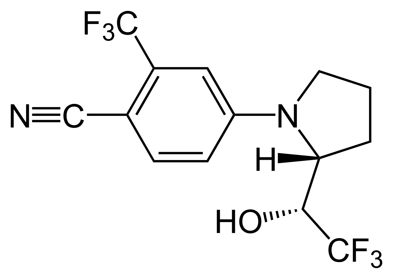 Chemical structure diagram of LGD-4033 research compound showing molecular bonds, CF3 groups, and pyrrolidine ring