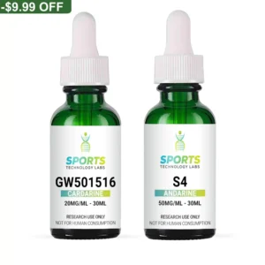 Two green glass dropper bottles containing research-grade GW501516 (20mg/mL) and S4 (50mg/mL) compounds for laboratory use
