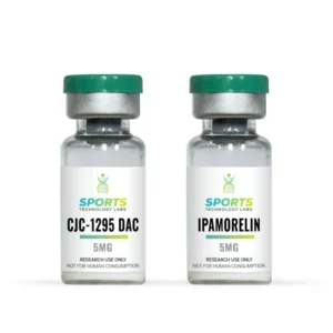 Two 5mg research-grade vials containing CJC-1295 DAC and Ipamorelin compounds with green caps, for laboratory research only