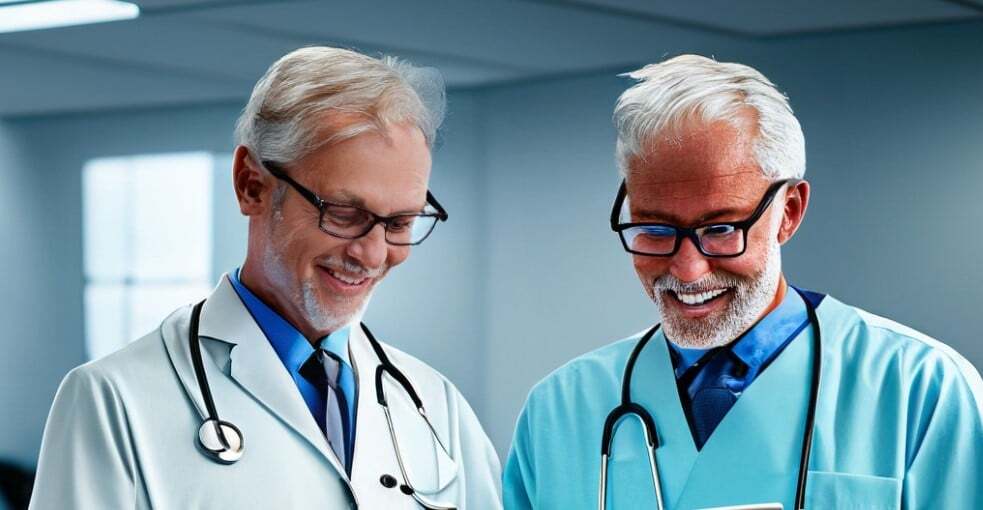 Two medical research professionals in laboratory coats examining research documentation with stethoscopes