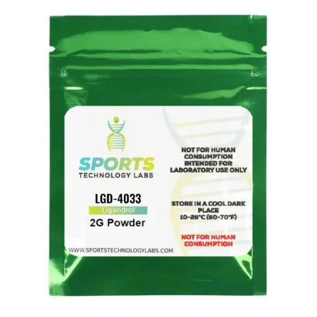 Research-grade LGD-4033 (Ligandrol) 2 gram powder in green laboratory packaging with storage instructions