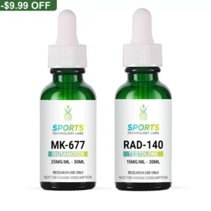 Two 30mL green glass bottles of research-grade compounds: MK-677 (Ibutamoren) at 25mg/mL and RAD-140 (Testolone) at 15mg/mL