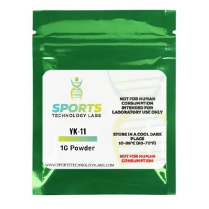 Sports Technology Labs YK-11 research-grade powder 1g in sealed green laboratory packet with storage instructions
