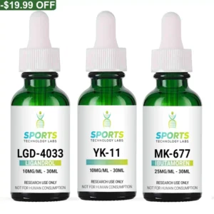 Three 30mL green glass research compound bottles containing LGD-4033, YK-11, and MK-677 with dropper caps for laboratory use