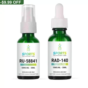 Two 30mL green glass bottles containing research-grade RU-58841 50mg/mL and RAD-140 15mg/mL compounds for laboratory studies