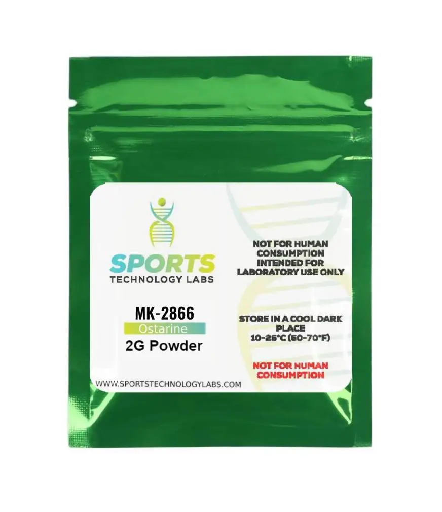 MK-2866 research-grade powder, 2 gram package with laboratory use warning label