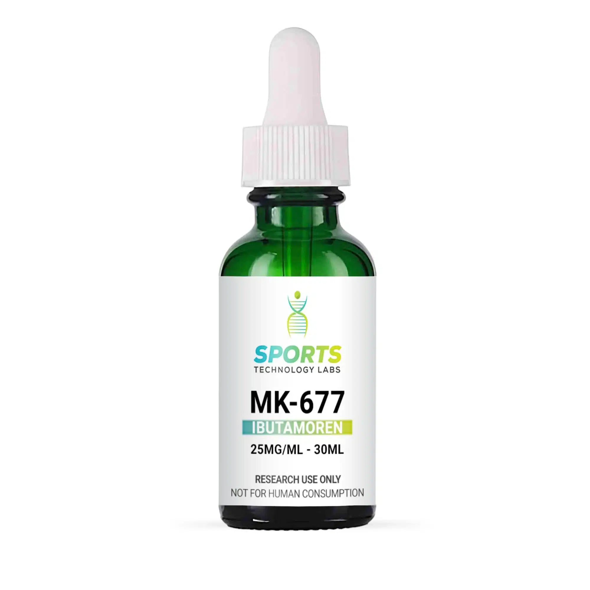 Green glass bottle of research-grade Ibutamoren MK-677 liquid solution at 25mg/mL concentration for laboratory studies