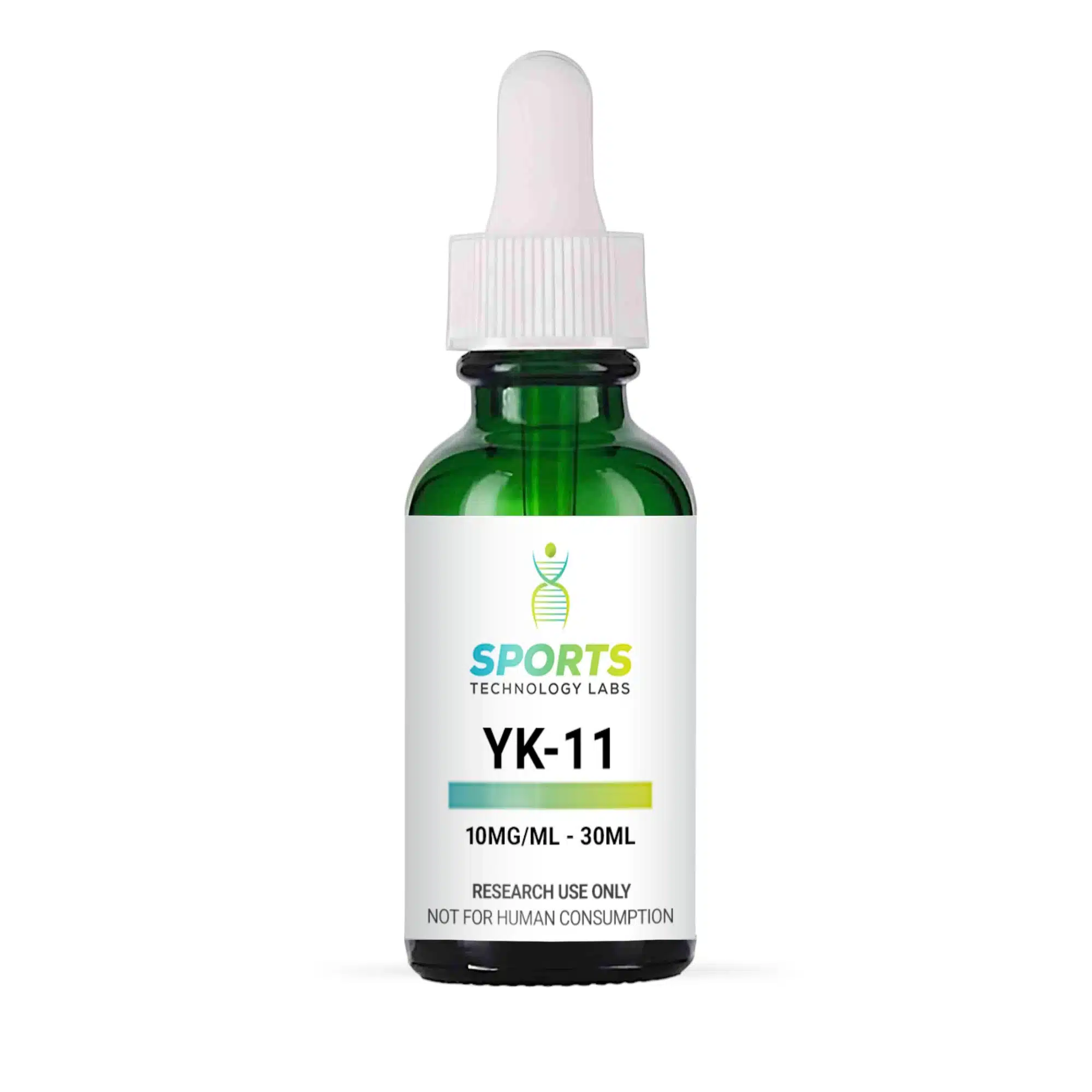 Green glass bottle containing YK-11 research chemical at 10mg/mL concentration with dropper cap, labeled for laboratory use o