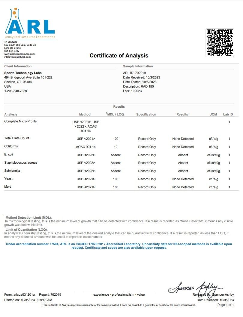 Certificate of Analysis from American Research Laboratories showing microbial test results for RAD-150 research compound