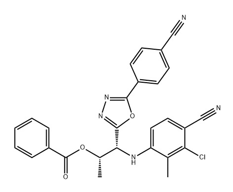 Molecular structure and chemical bond diagram of research compound RAD-150 (TLB-150) showing benzene rings and functional gro
