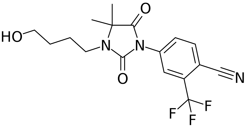 Molecular structure diagram of research compound RU58841 showing chemical bonds and functional groups including hydroxyl and