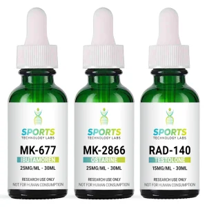 Three green glass bottles of research-grade compounds: MK-677 (25mg/mL), MK-2866 (25mg/mL), and RAD-140 (15mg/mL) for laborat