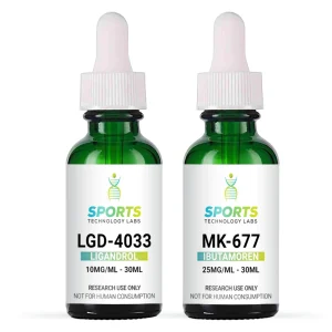 Two 30mL green glass bottles containing research compounds LGD-4033 (10mg/mL) and MK-677 (25mg/mL) with dropper caps