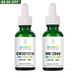 Research compounds GW501516 and MK2866 in 30mL green glass bottles with droppers, for laboratory research only