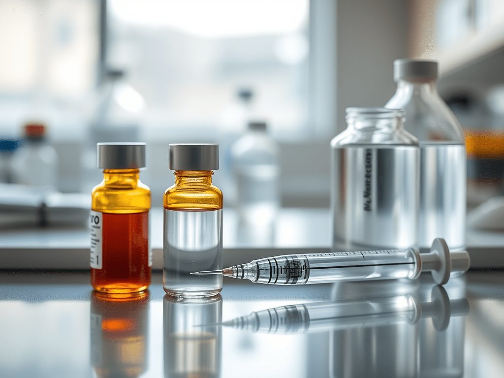 Laboratory research supplies including sterile vials, bacteriostatic water, and precision measuring instrument for peptide re