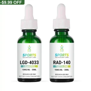 Two 30mL green glass bottles containing research compounds RAD-140 (15mg/mL) and LGD-4033 (10mg/mL) for laboratory use