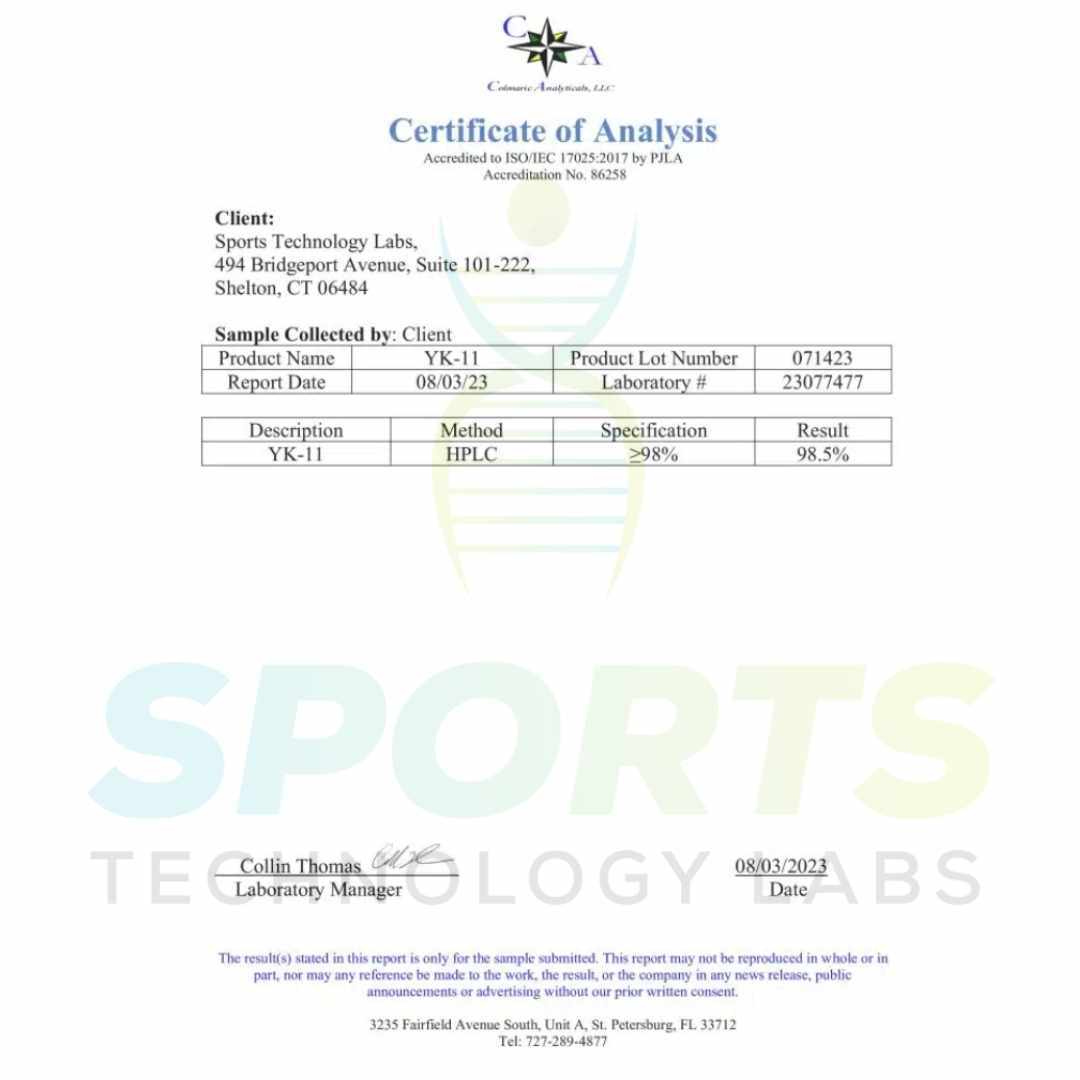 Laboratory certificate of analysis showing 98.5% purity for research compound YK-11 from Sports Technology Labs