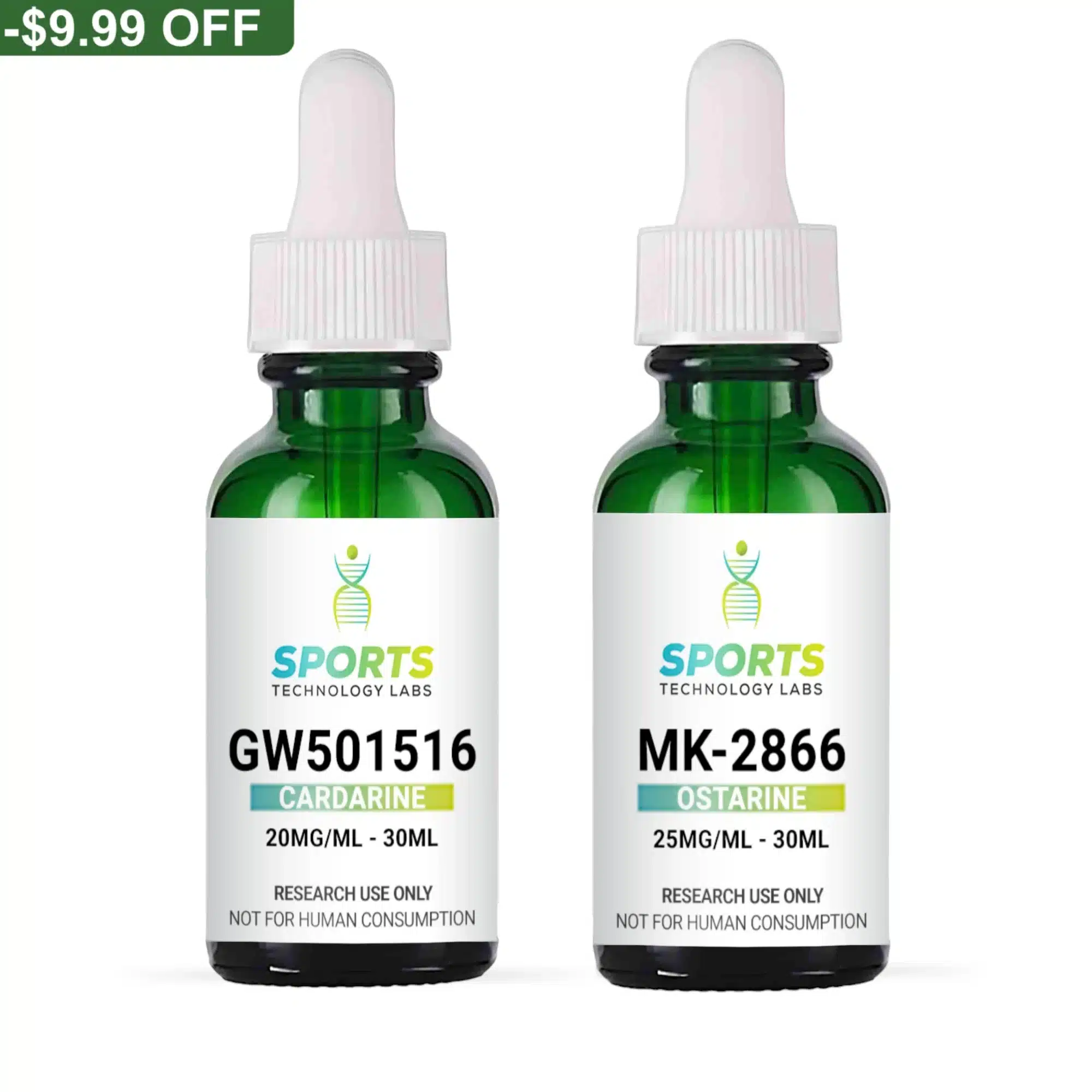 Research compounds GW501516 and MK2866 in 30mL green glass bottles with droppers, for laboratory research only