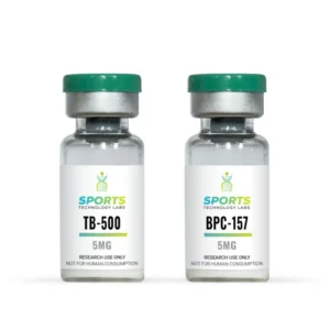 Two research-grade peptide vials containing TB-500 and BPC-157 at 5mg concentration, with green caps and clear labels