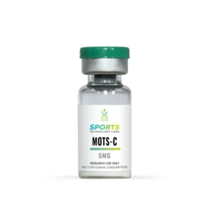 MOTS-C 5mg research compound in glass vial with green cap, labeled for laboratory research use only