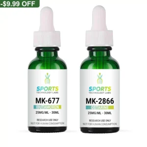 Two green glass bottles containing research compounds MK-677 and MK-2866 at 25mg/mL concentration, 30mL volume, for laborator