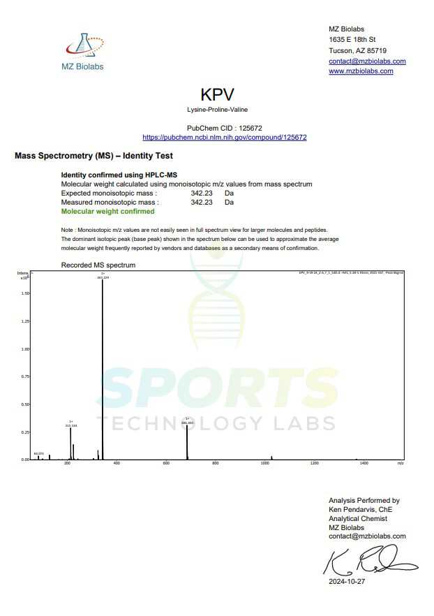Mass spectrometry analysis report showing molecular weight confirmation of research-grade KPV peptide compound