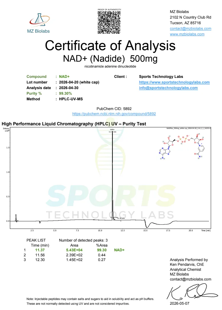 Certificate of Analysis showing HPLC purity test results for research-grade NAD+ compound, dated 2026