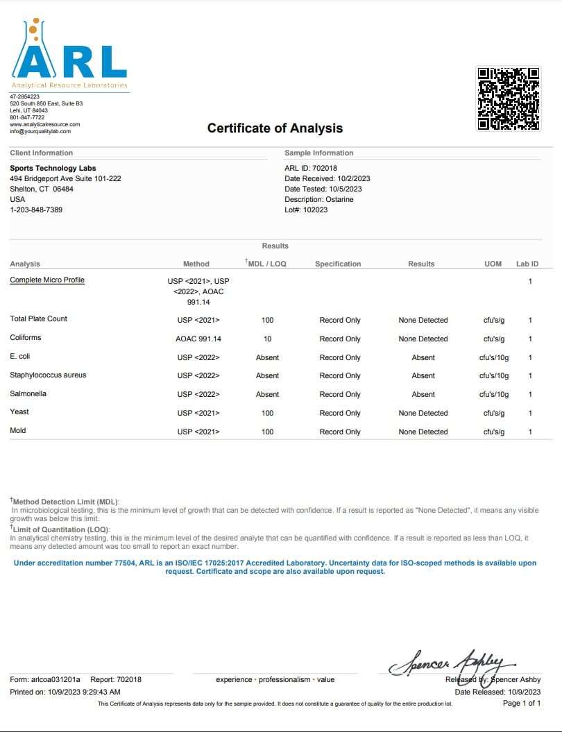 Certificate of Analysis from ARL showing laboratory test results for research compound batch testing
