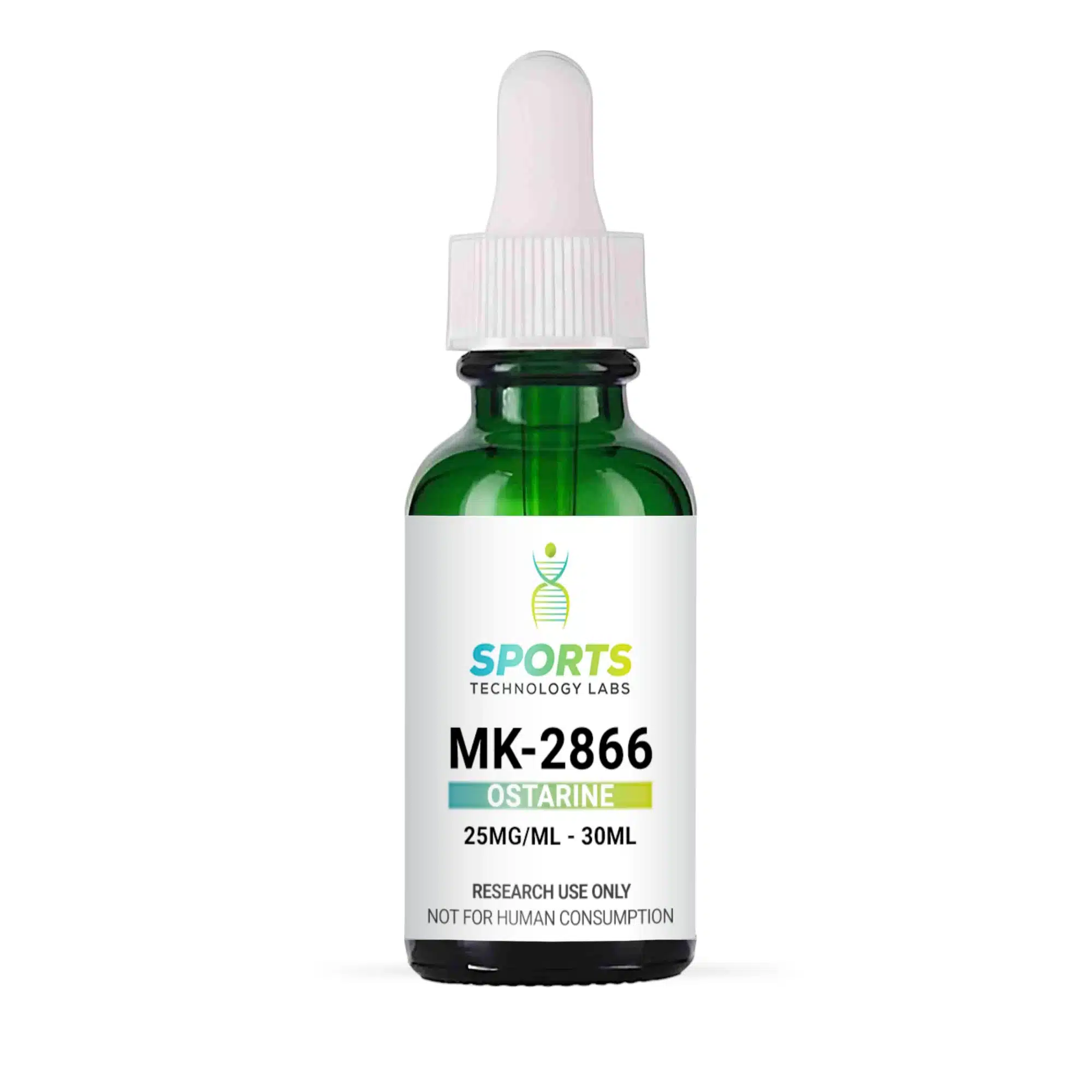 MK-2866 Ostarine research chemical in 30mL green glass bottle with dropper, 25mg/mL concentration for laboratory use
