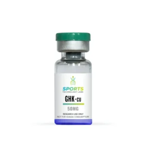 Research-grade GHK-cu peptide 50mg vial with green cap from Sports Technology Labs for laboratory use